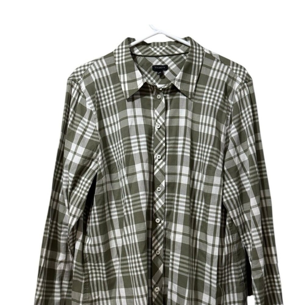 TALBOTS Women Size XL Button Down Cotton Blend Long Sleeve Shirt Green Plaid NWT